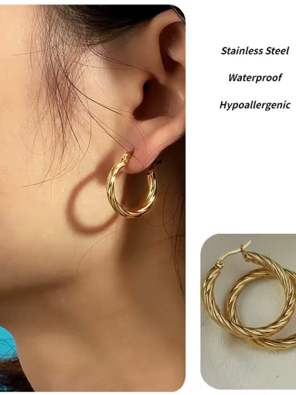 Gold Twisted Hoop Earrings - Stainless Steel